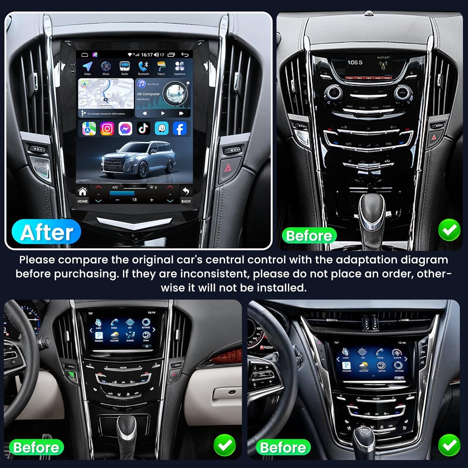 4+64G Car Radio Stereo Carplay Android 13 for Cadillac ATS XTS SRX CTS 2013-2018