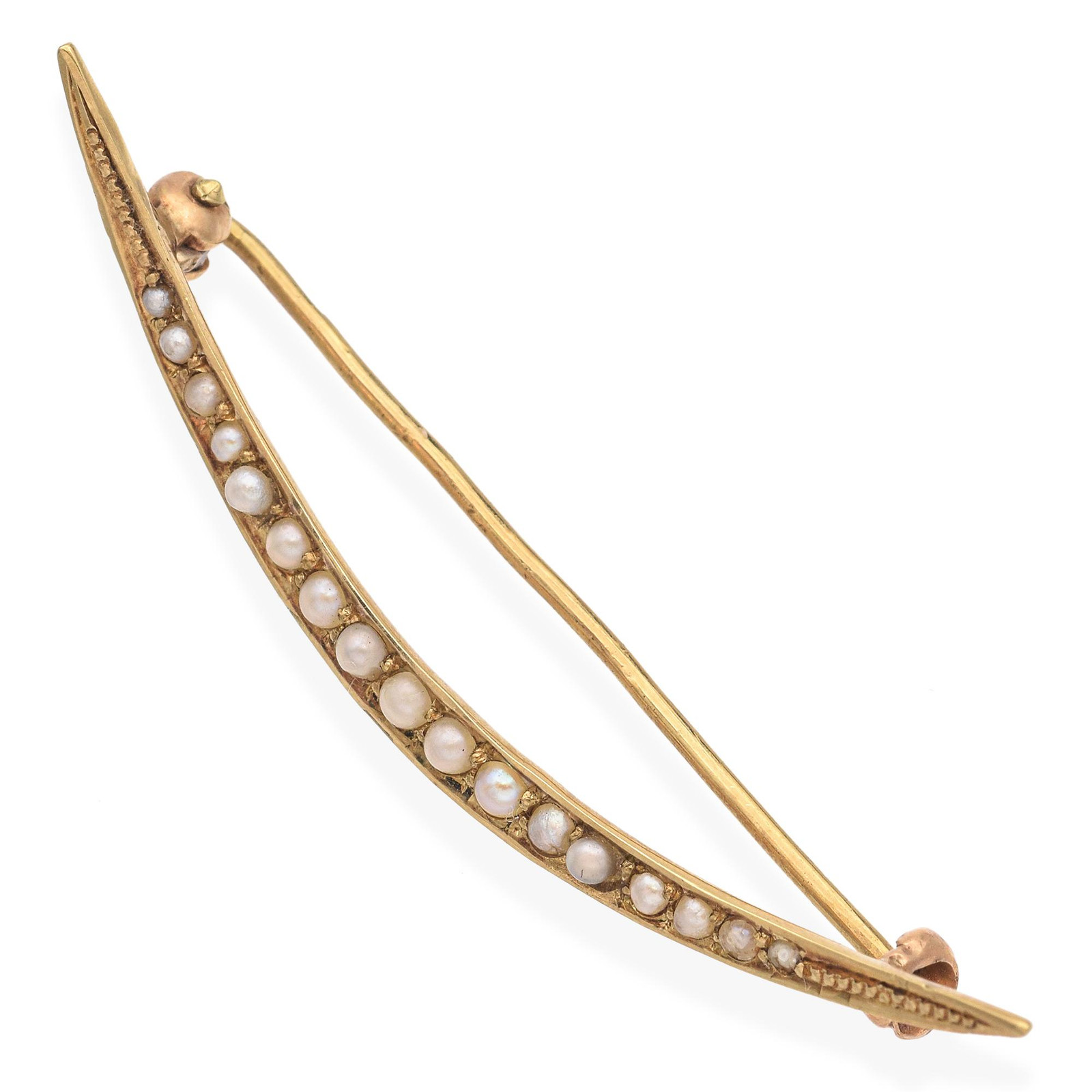 Antique Victorian 14K Yellow Gold Seed Pearl Crescent Moon Brooch