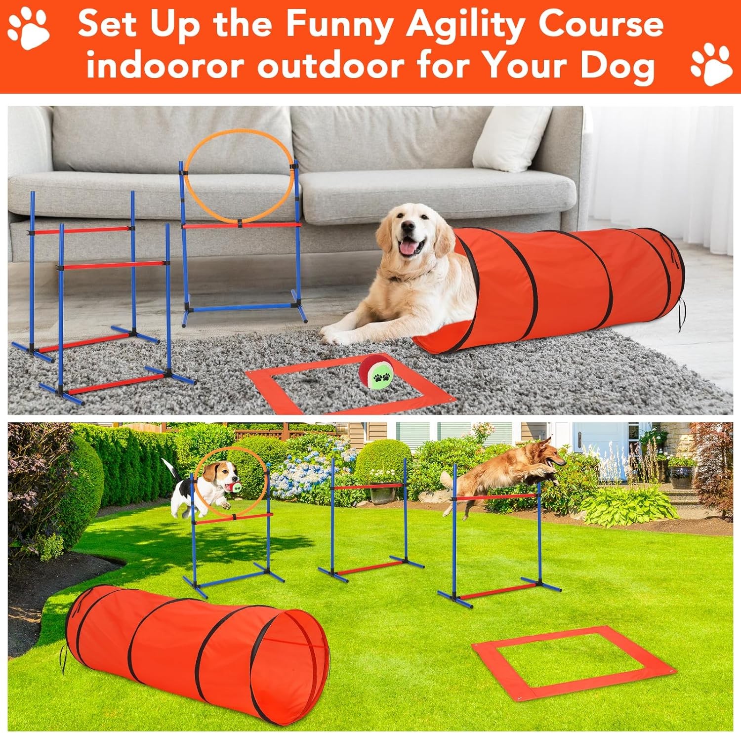 Dog Agility Training Kit Equipment with Tunnel,Adjustable Dog Hoop
