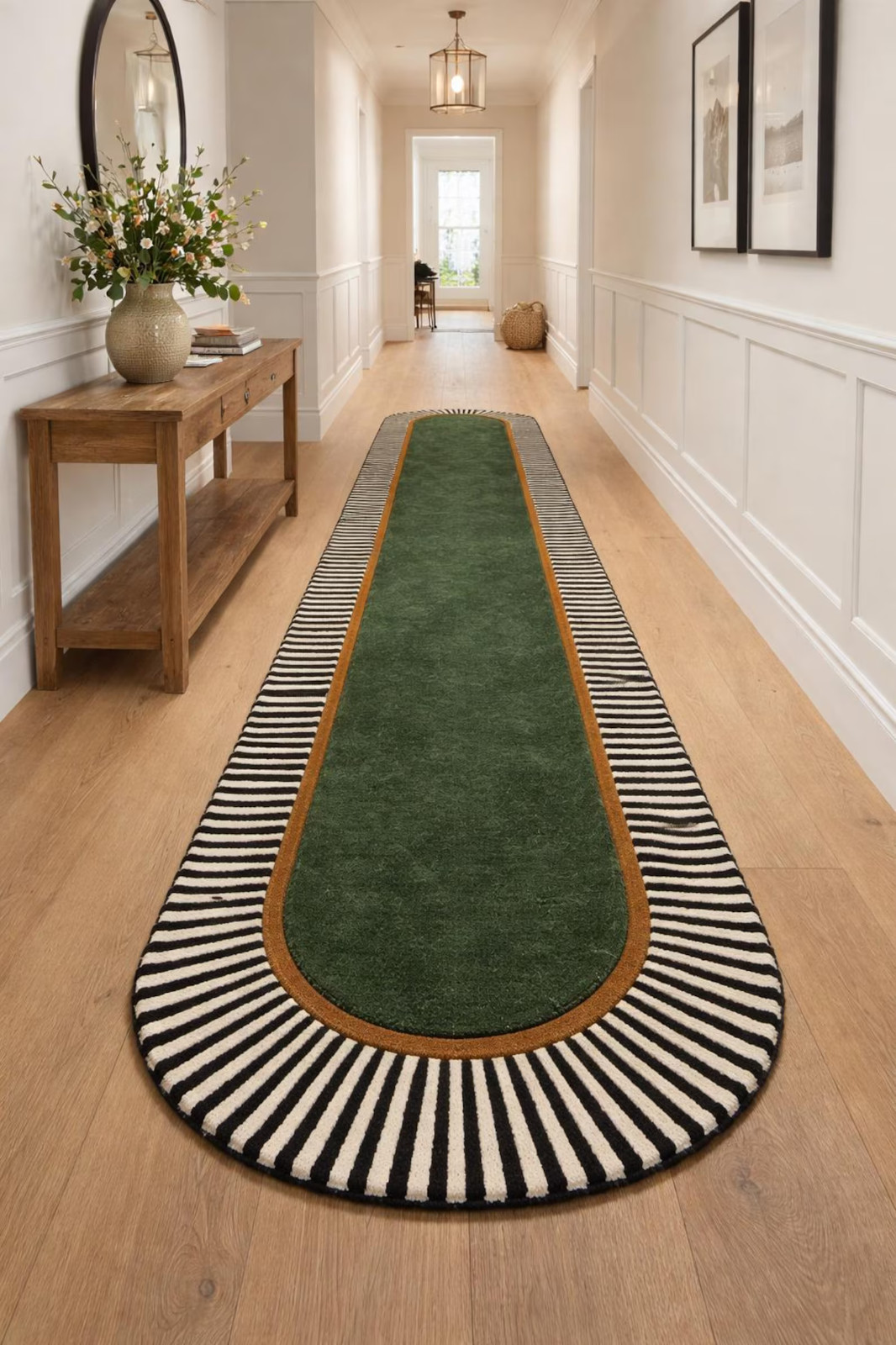 Hand-Tufted Modern Runner Carpet with Green Center & Striped Border