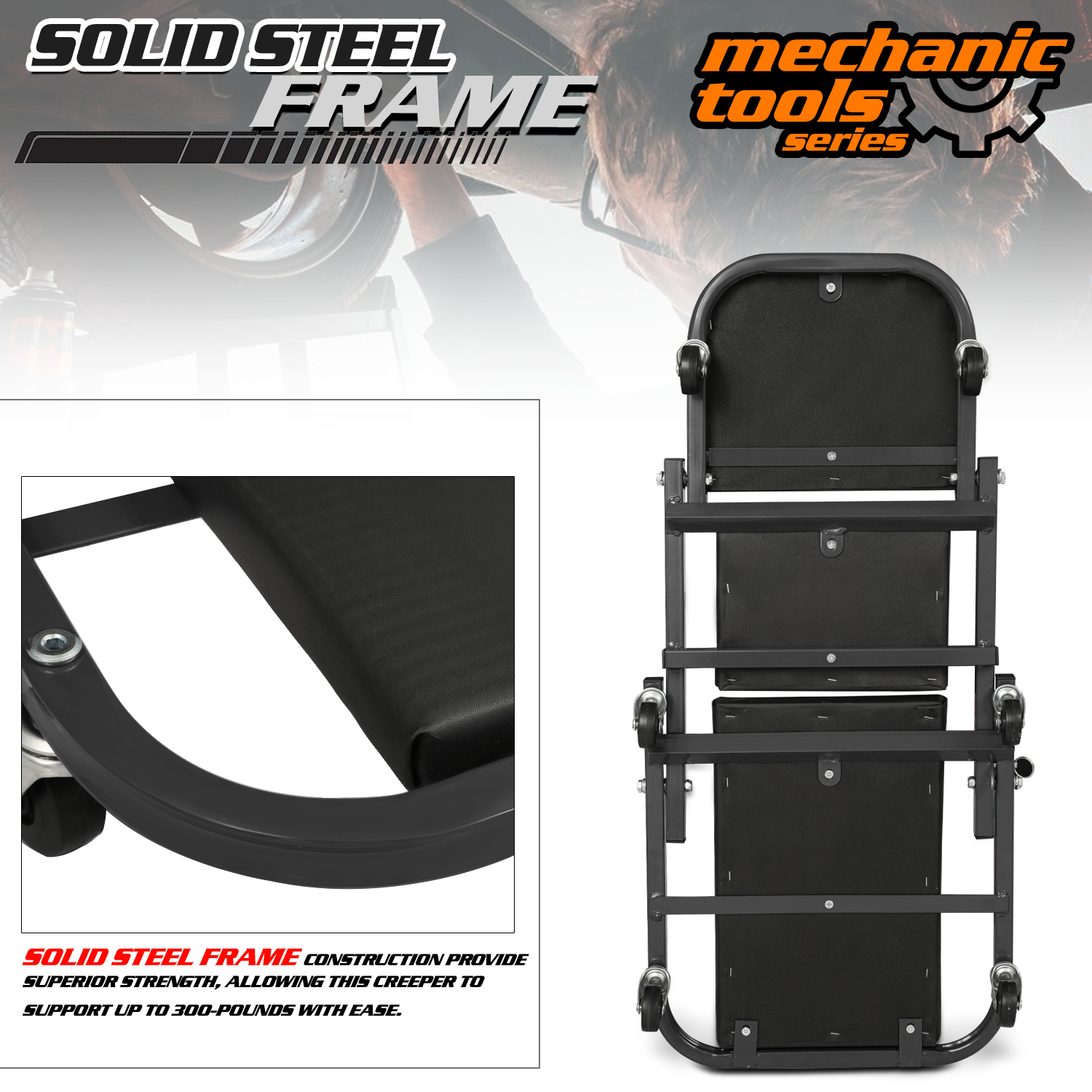 36" Black Folding Creeper Mechanic Work Upholstered Seat Automotive Repair Stool