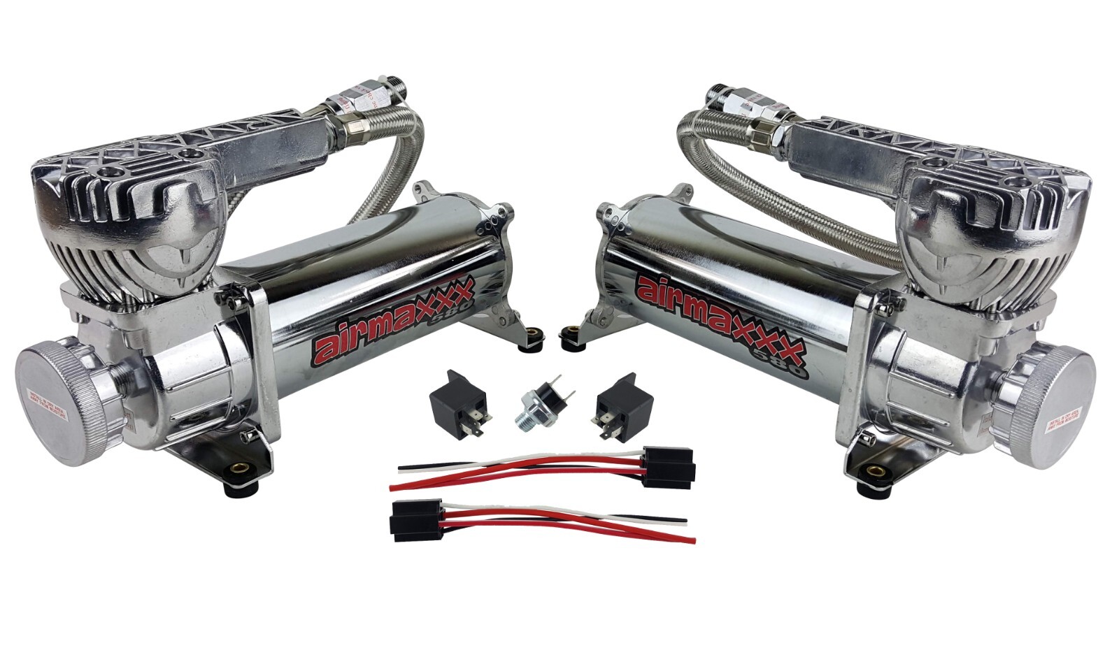 airmaxxx Dual 580 Chrome Compressors with 150/180 Switch & Filter Relocate Kit