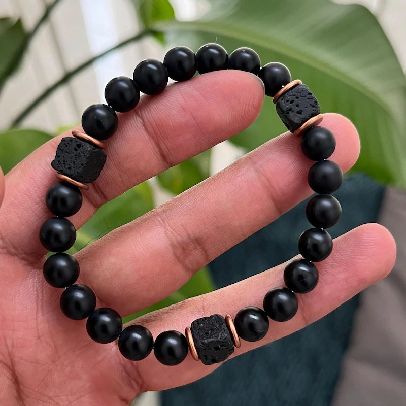 Mens Premium Matte Black Onyx with Lava Beads Grounding Protection Bracelet