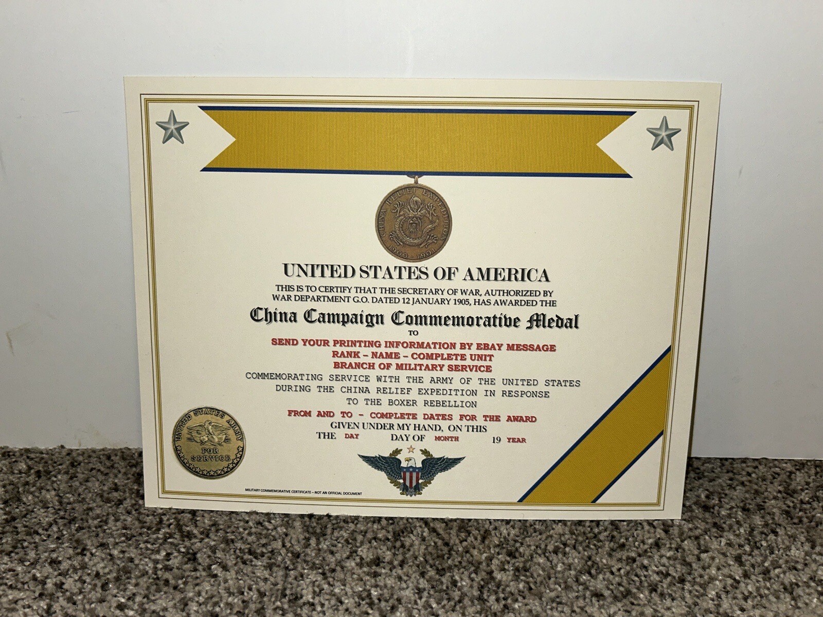 CHINA CAMPAIGN (ARMY) COMMEMORATIVE MEDAL CERTIFICATE ~ W/PRINTING TYPE-1
