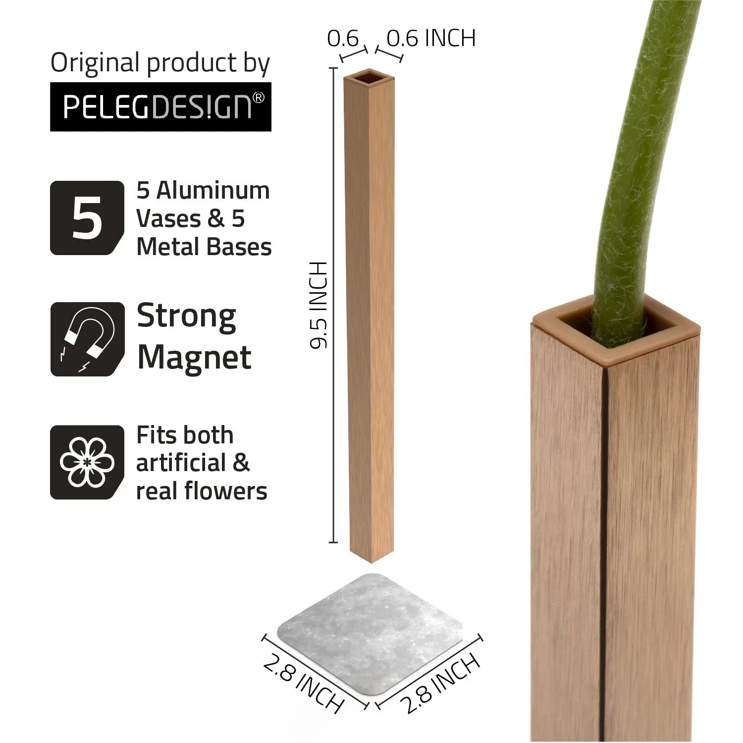 Magnetic Flower Vase - Unique and Modern Set of 5 Gold Aluminum Vases for Hom...