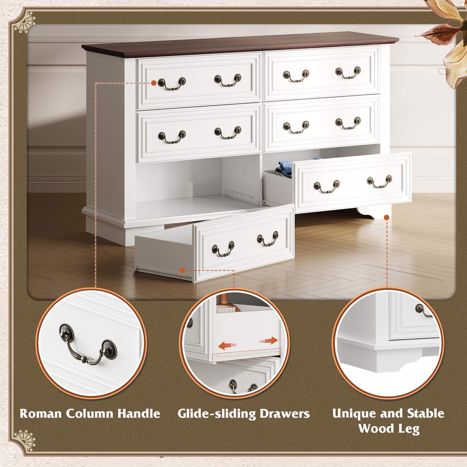 51.97'' Gavetero De Madera Blanca Con 6 Cajones Moderna Comoda Para Guardar Ropa