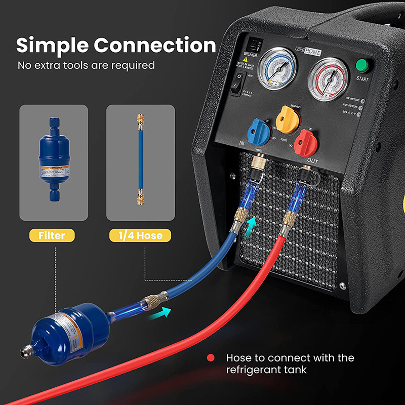 R1234YF 1 HP Dual Cylinder Refrigerant Recovery Machine Oil-Less Freon Recycling