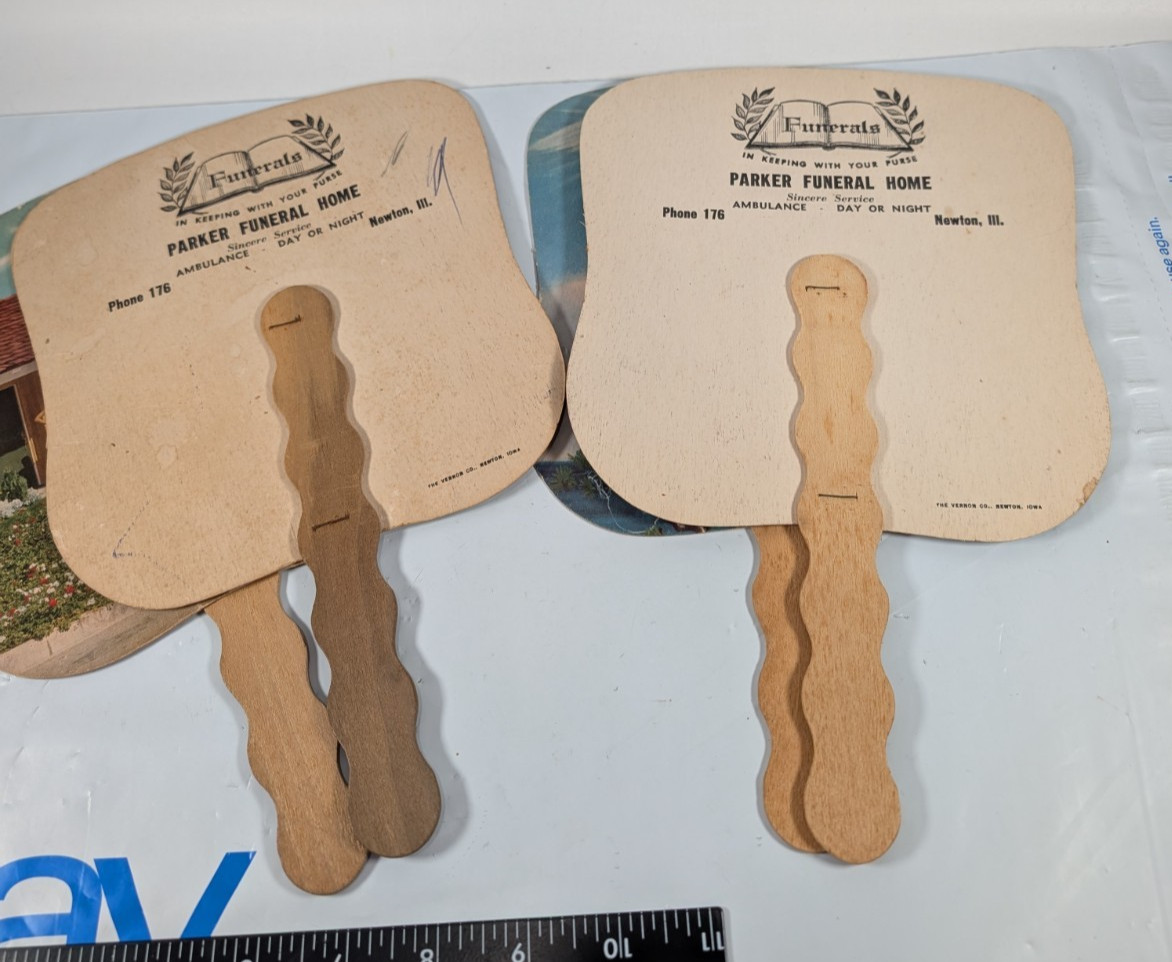 4 Vtg Paper Hand Fans - Newton IL Parker Funeral Home & Ambulance Service USA