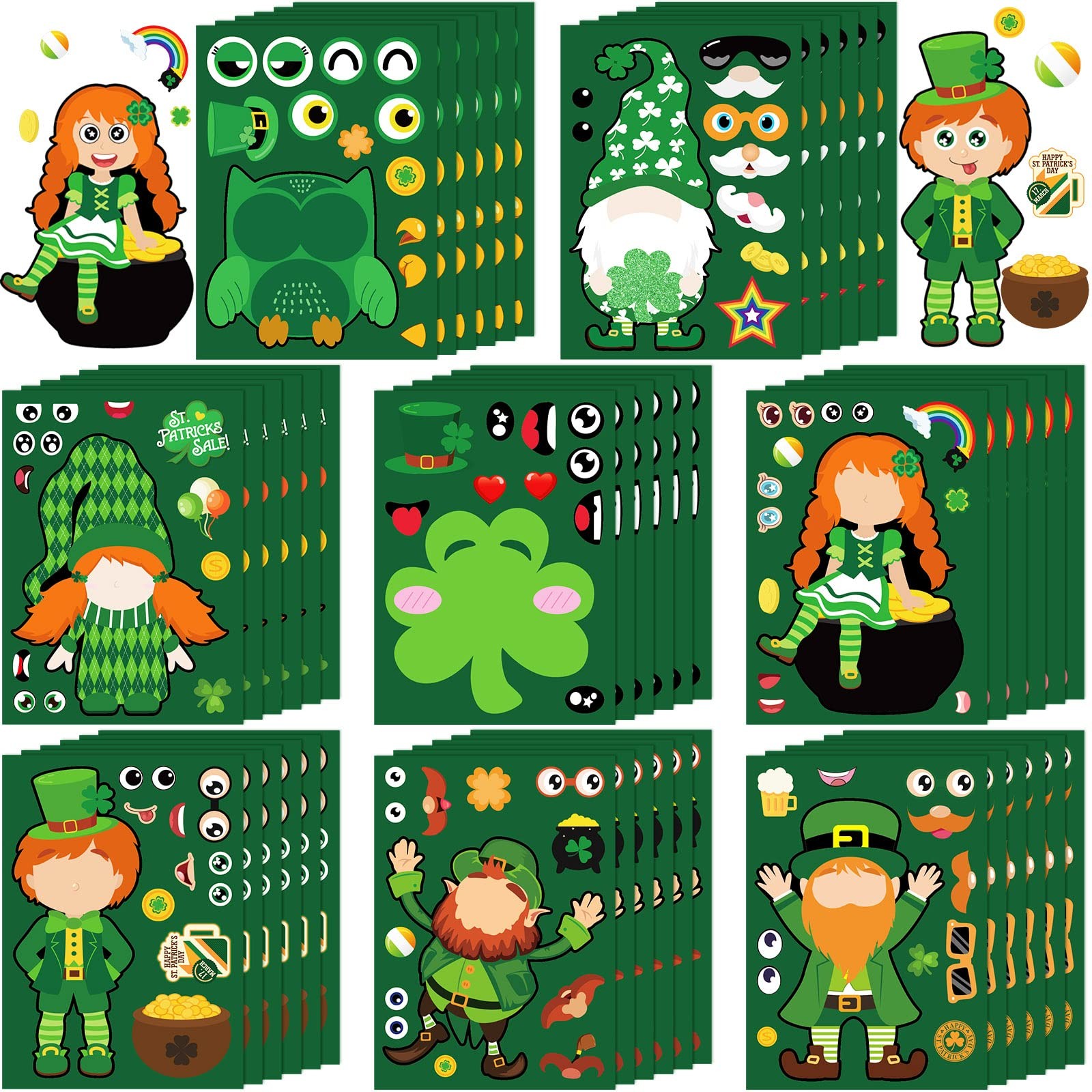 St.Patrick's Day Stickers for Kids, 48pc Shamrock & Face Stickers, DIY Crafts fo