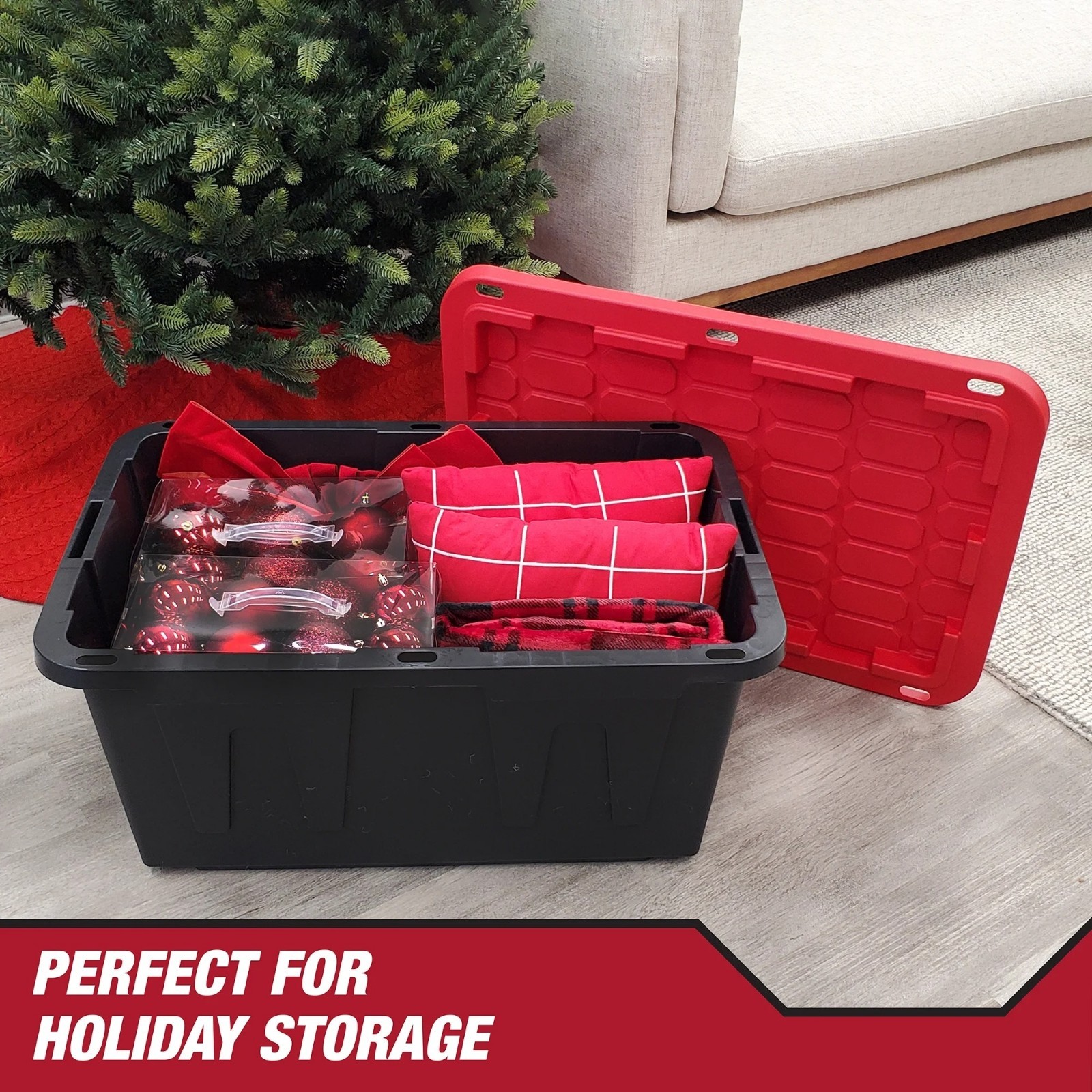 Hyper Tough 27 Gallon Snap Lid Plastic Storage Bin Container, Black with Red Lid