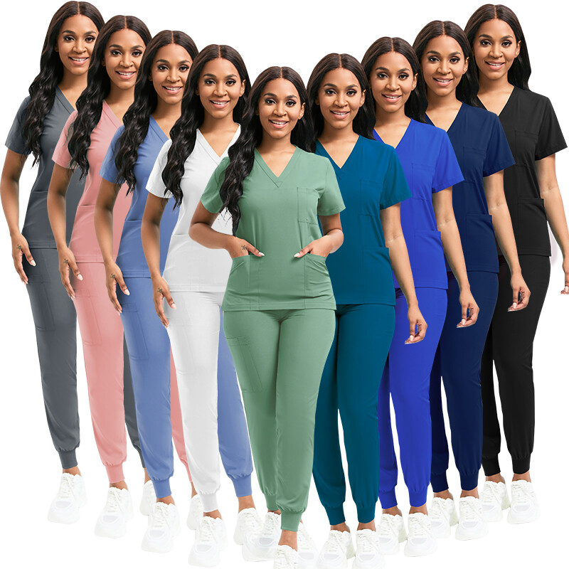 Stretch Medical Nurse Scrub Uniform Women Scrub Set V-Neck Top Jogger Pants