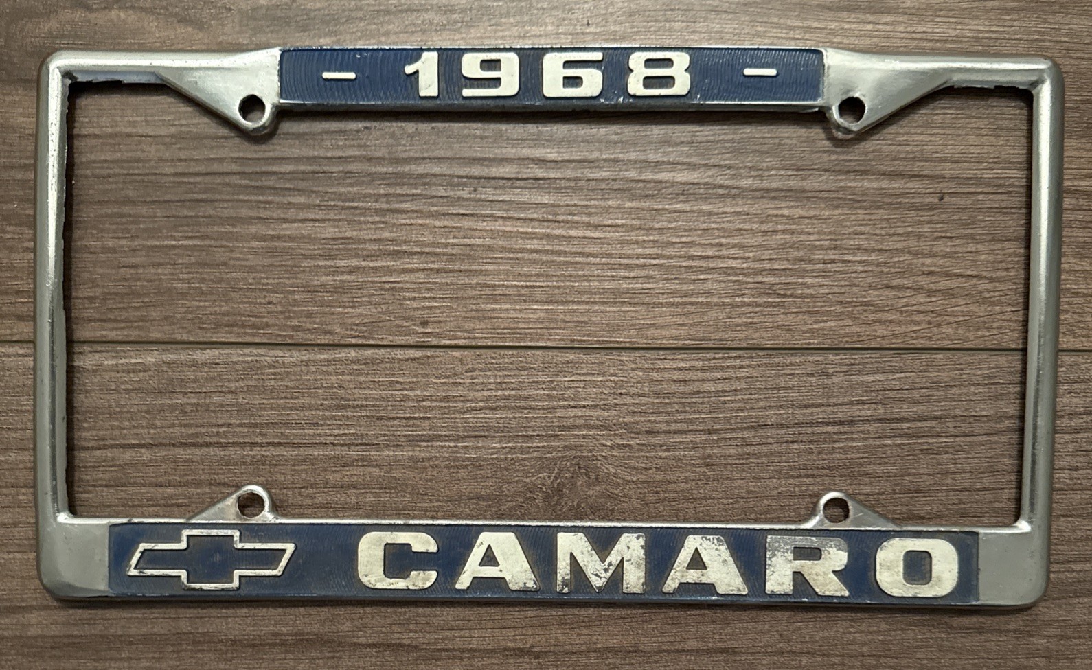 Vintage 1968 Chevrolet Camaro License Plate Frame Chevy Chrome And Blue