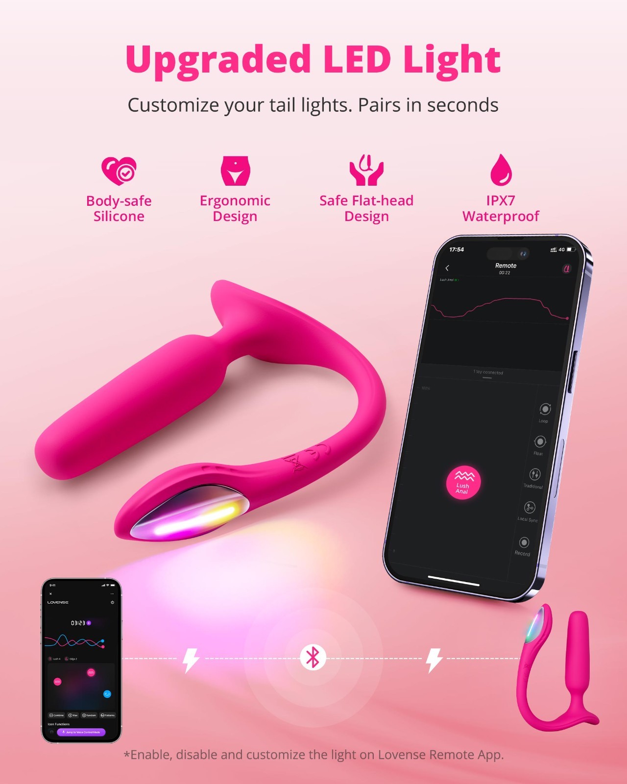 LOVENSE Lush Anal Vibrating Butt Plug Sex Toys, App Controlled Vibrator, LED