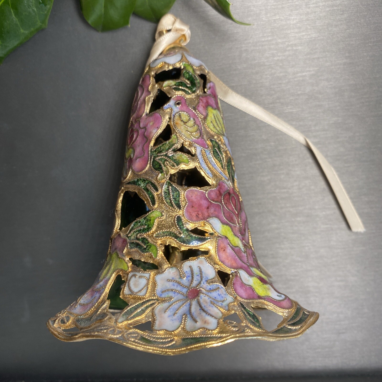 Vintage Bell Cloisonne Enamel Estate Pre-Owned Hand Crafted Bird Flower Pierced