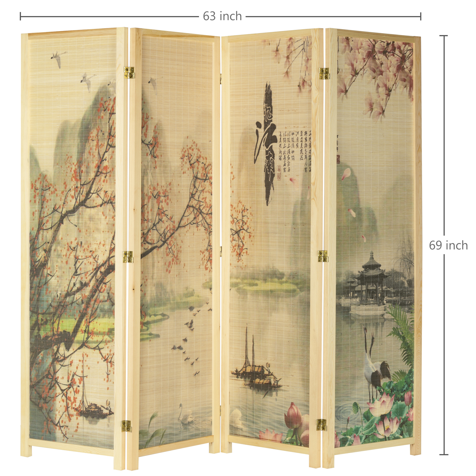 Asian-Inspired Bamboo-Screen 4-Panel Room Divider with Cherry Blossom Scene