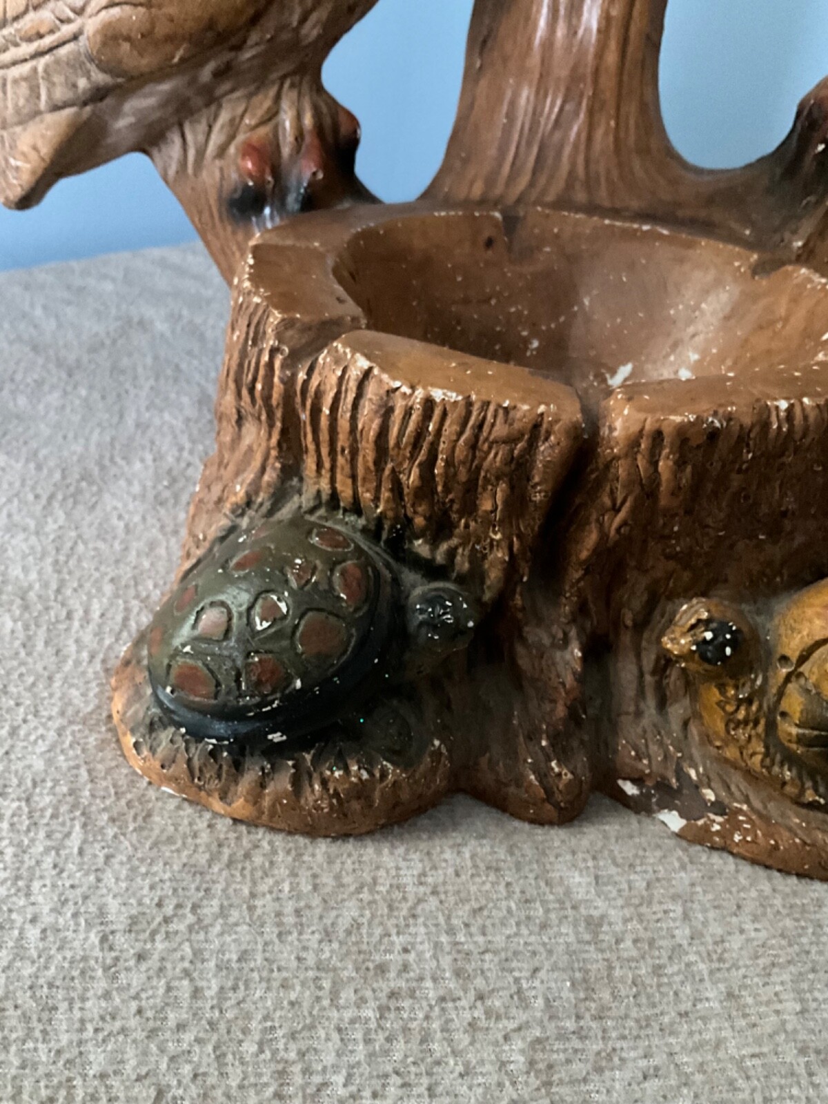 Old Vintage three Owls cabin Table Lamp 2’ tall with ashtray chalkware working