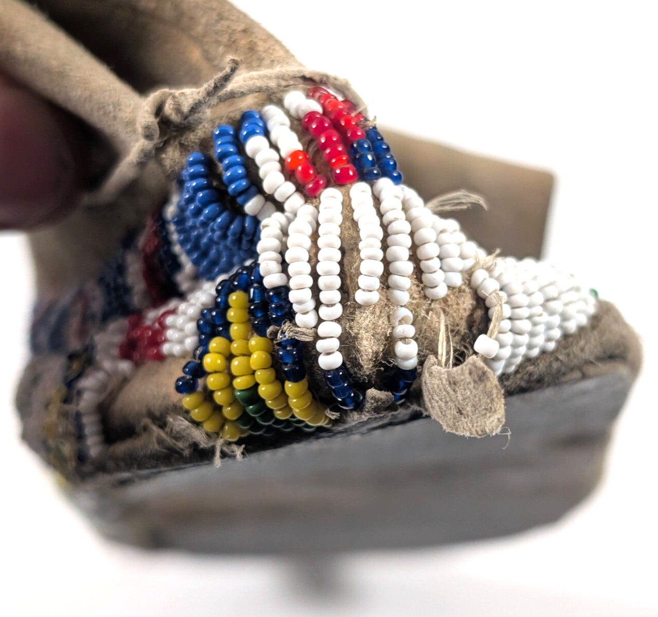 Antique Lakota Sioux Beaded Moccasin SINGLE, Fully Beaded Sole, Trade Cloth Trim