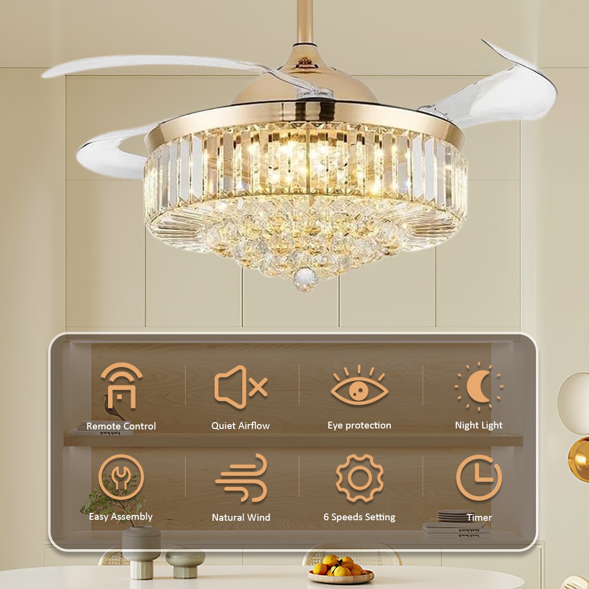 42" Modern Crystal Indoor Ceiling Fan Chandelier w/ Light and Remote Reversible