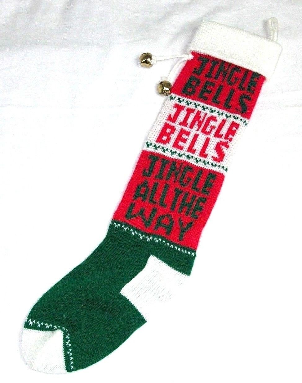 VINTAGE SWEATER KNIT OLD FASHIONED SOCK METAL JINGLE BELLS CHRISTMAS STOCKING