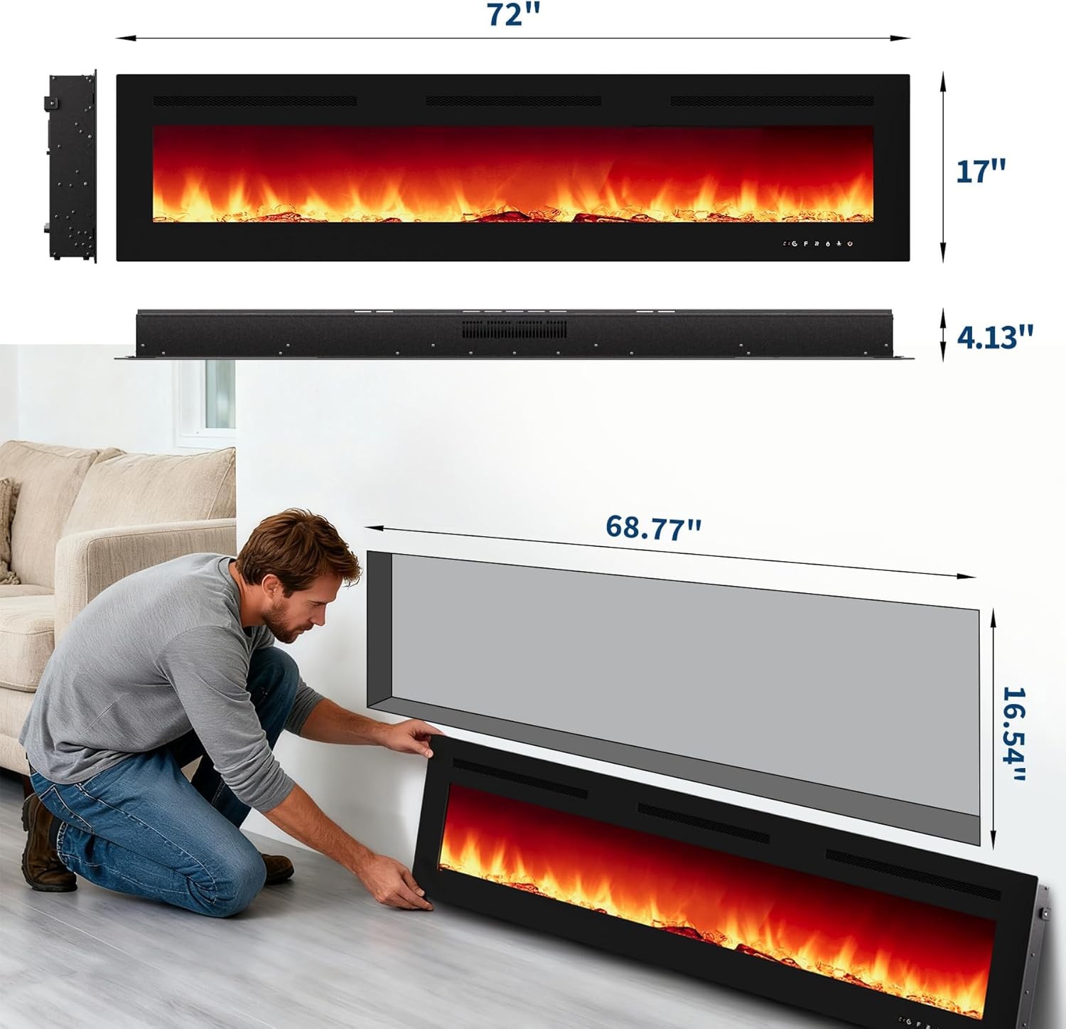 72" Electric Fireplace Recessed Ultra Thin Wall Mounted Heater Multicolor Flame