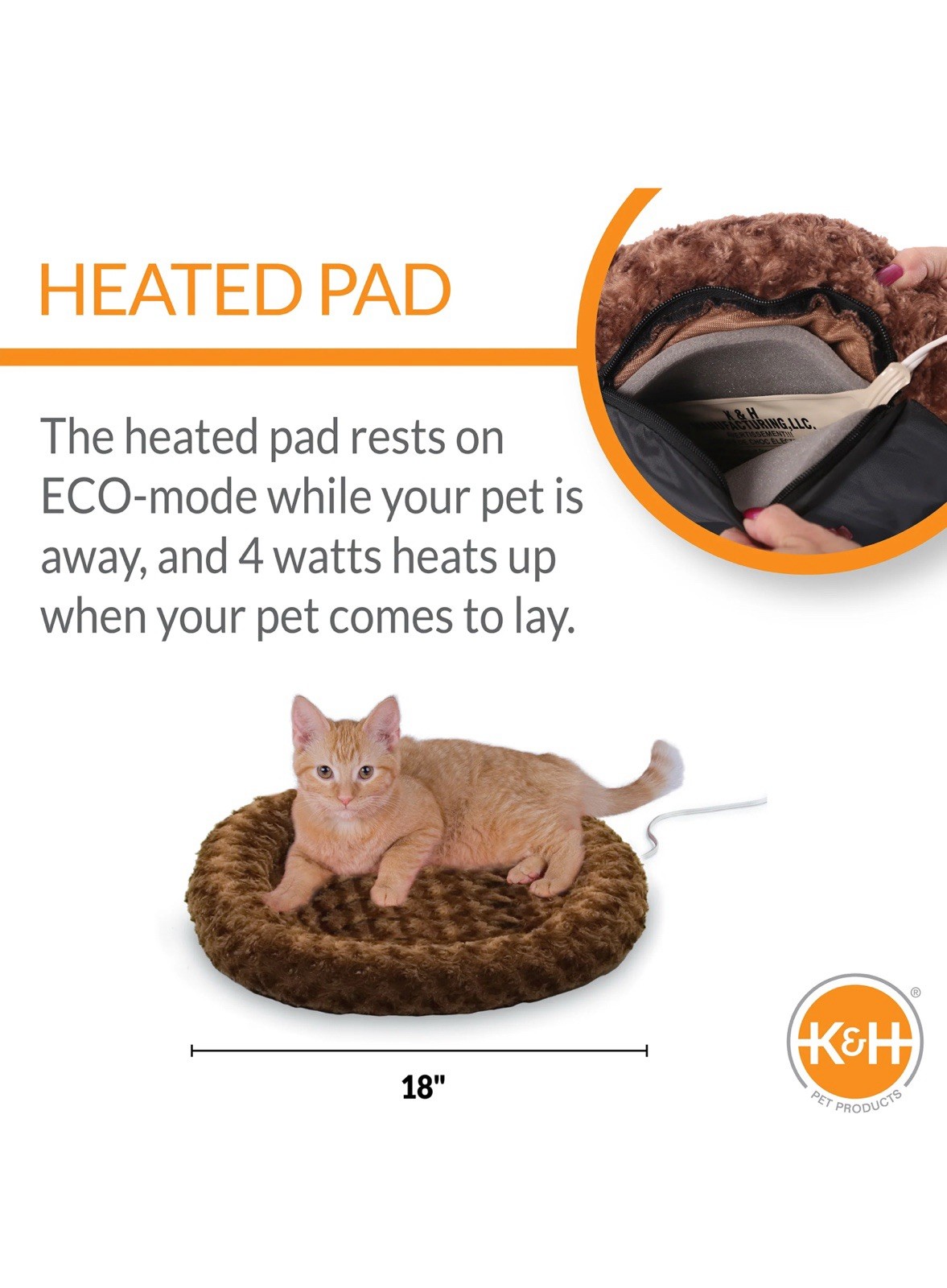 HEATED CAT BED Thermo-Kitty Splash Mocha Small Round 18" K&H PET PRODUCTS