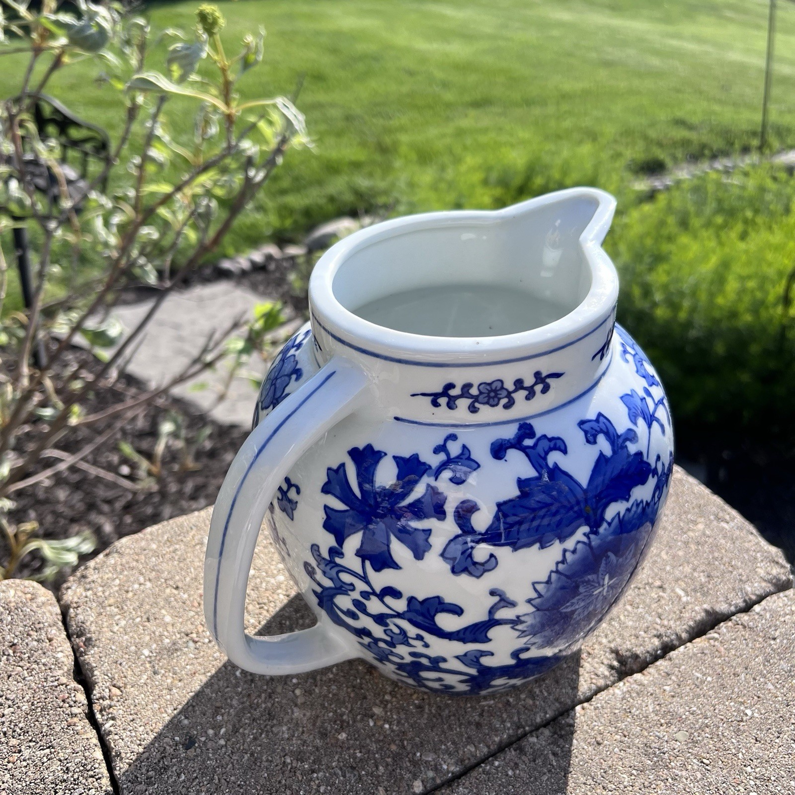 XL Pitcher Pitcher Blue & White Porcelain 60 oz Hand Painted Glaze Floral 9.25”