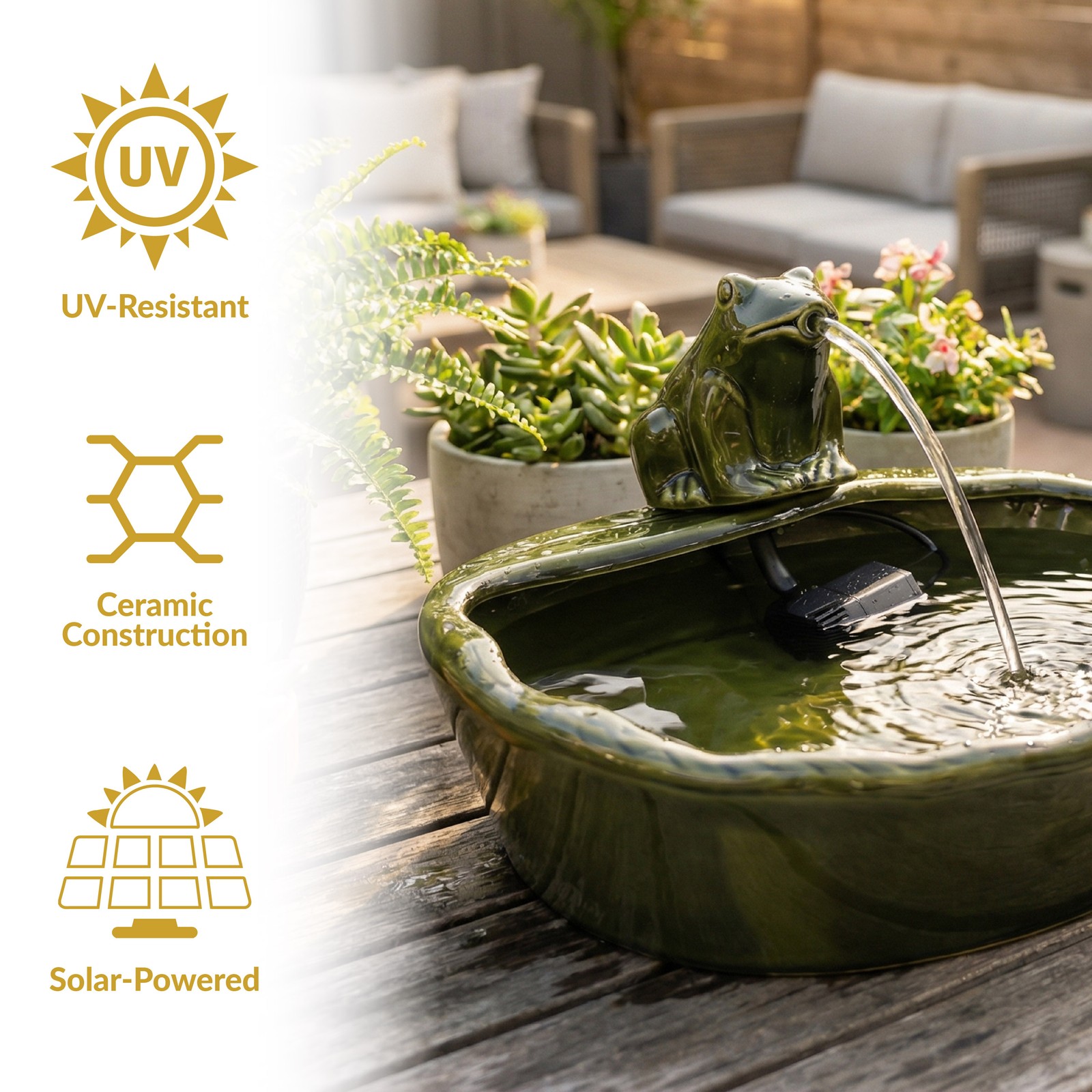 Frog Glazed Ceramic Outdoor Solar Water Fountain - 7 in by Sunnydaze