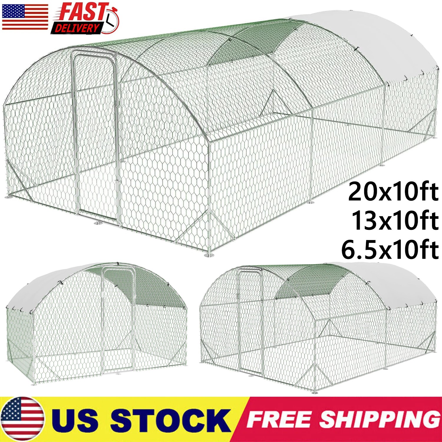 20 x10 ft Walk-in Metal Chicken Coop Poultry Cage Pet House w/ Chicken Run Cover