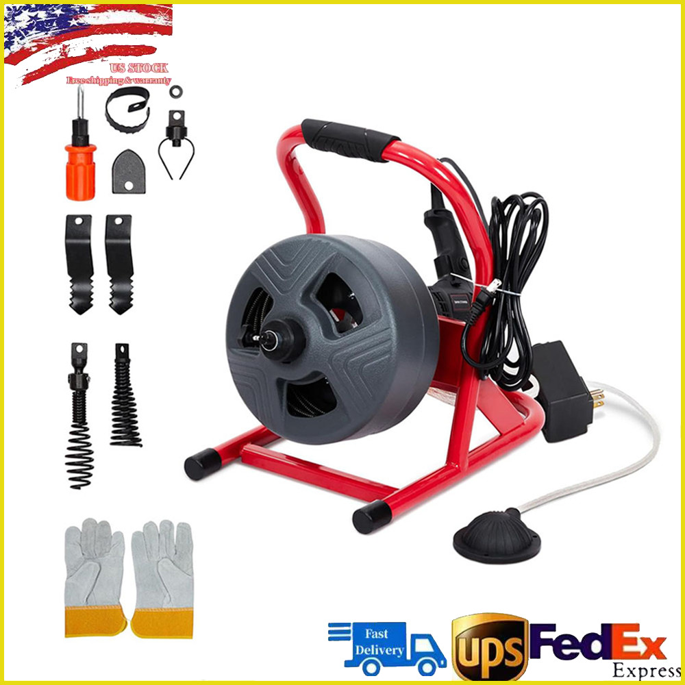 50FT 5/16" Drain Cleaner Electric Sewer Snake Cleaning Machine W/ Cutters&Gloves