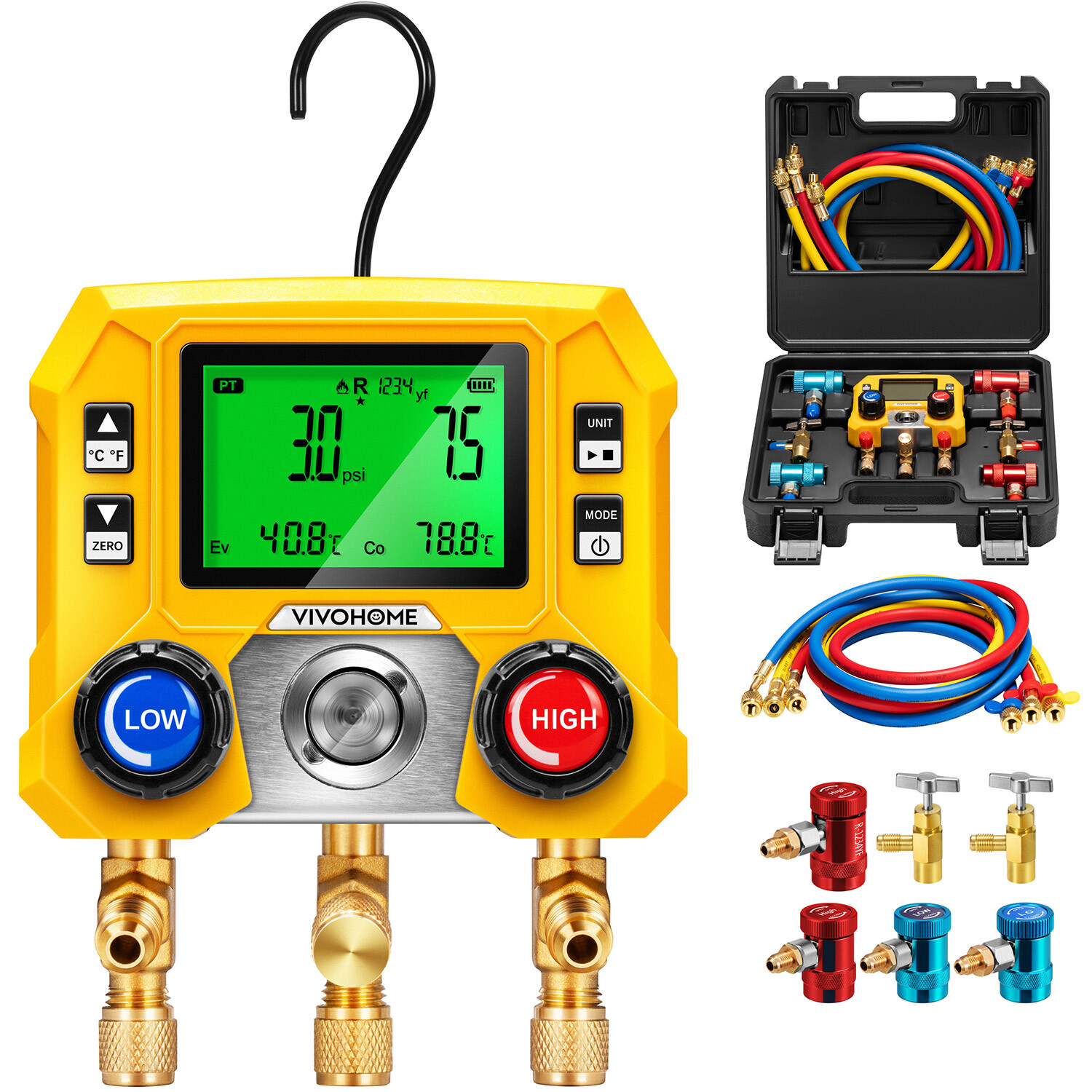 Refrigeration Digital AC Manifold Gauge Set 3 Way HVAC Gauges for R1234yf R134a