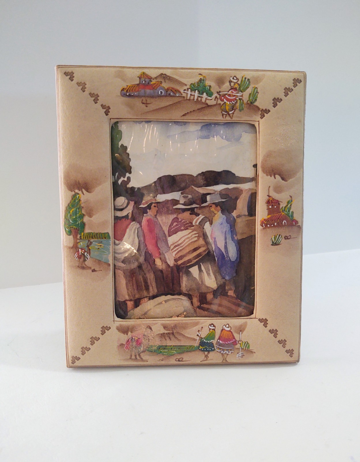 Peru Hand Painted Leather Photo Picture Frame with Peruvian Scene Native Scene