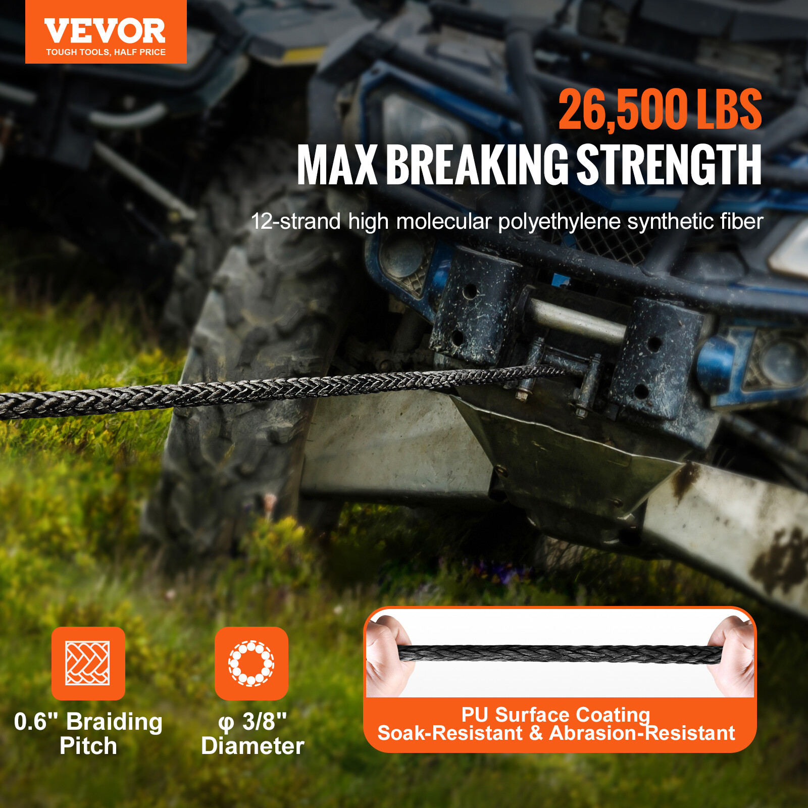 VEVOR Synthetic Winch Rope Winch Line Cable 3/8" x 85' 26500 lbs for SUV Truck