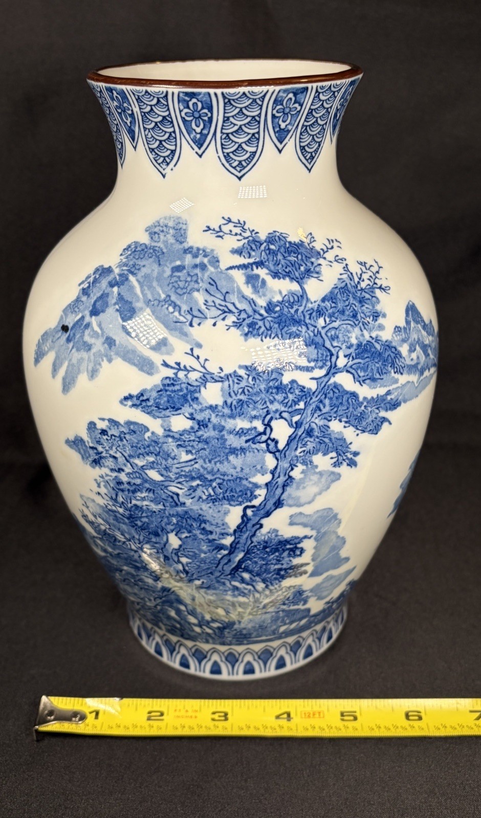 VTG Oriental Blue & White Chinoiserie Vase 9.5" Asian Mountain Pines Scene