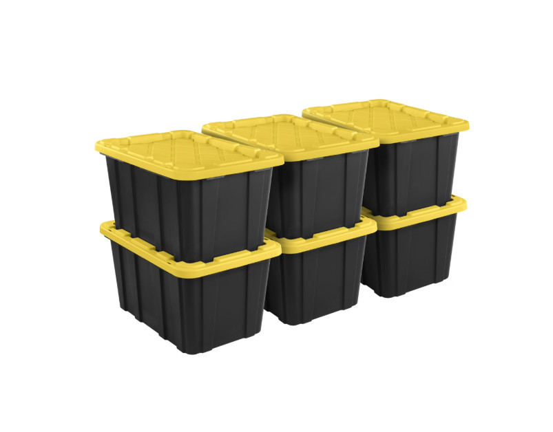 Sterilite 27 Gallon Storage Bin with Lid, Black/Yellow, 6 Pack