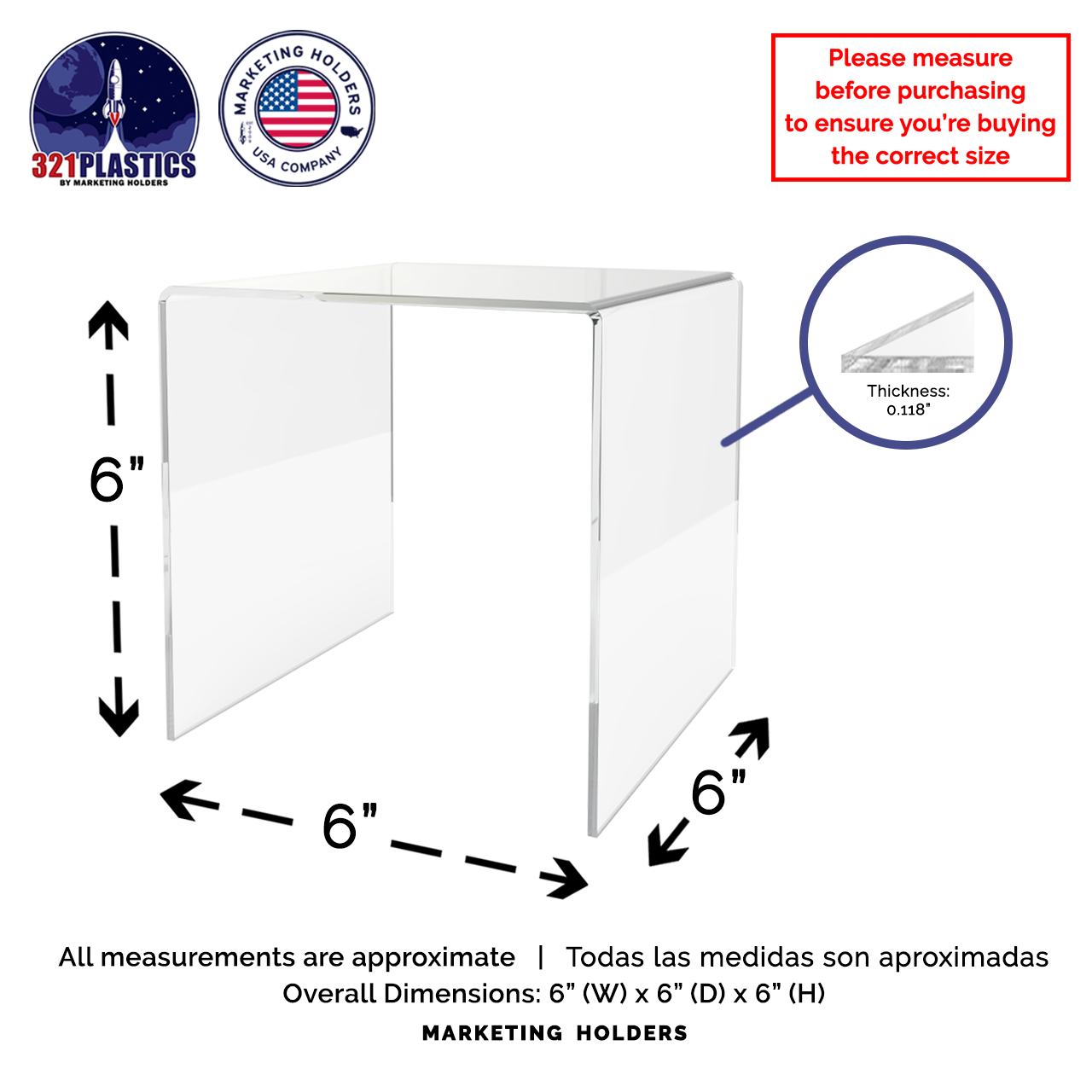 6" Square Riser Display Showcase Stand Acrylic Product Platform 3 Sided Riser
