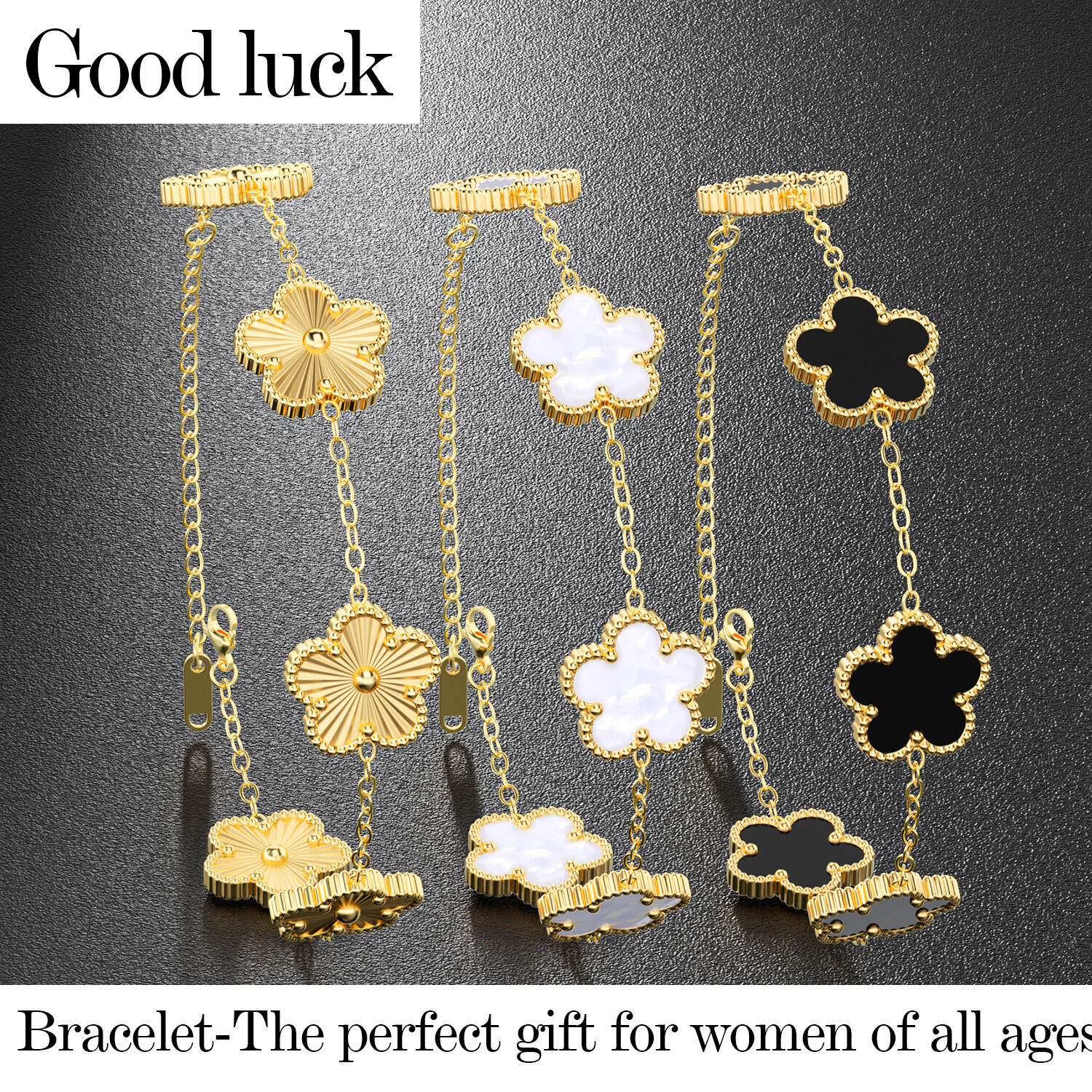 18k Gold Plated Clover Lucky Bracelet 3-Pcs Women Flower Five Leaf