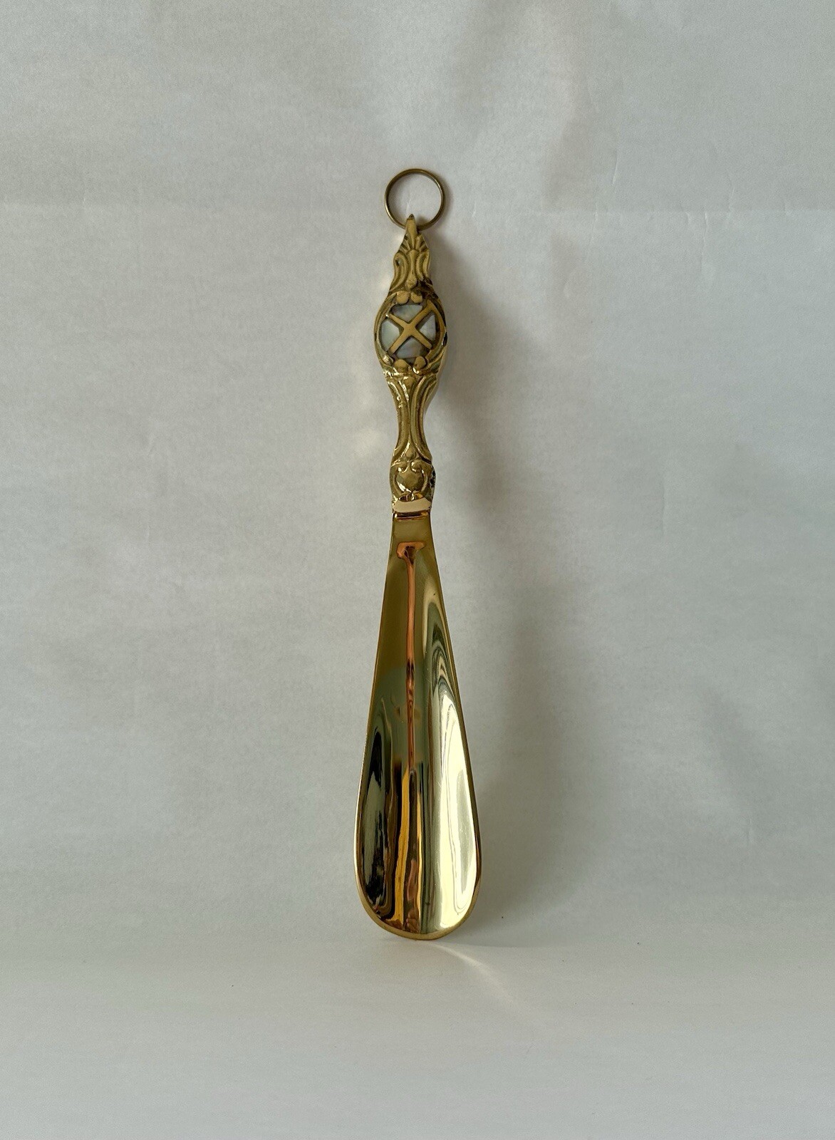 Gold Brass Shoehorn with Mother of Pearl Engraving 9.5"