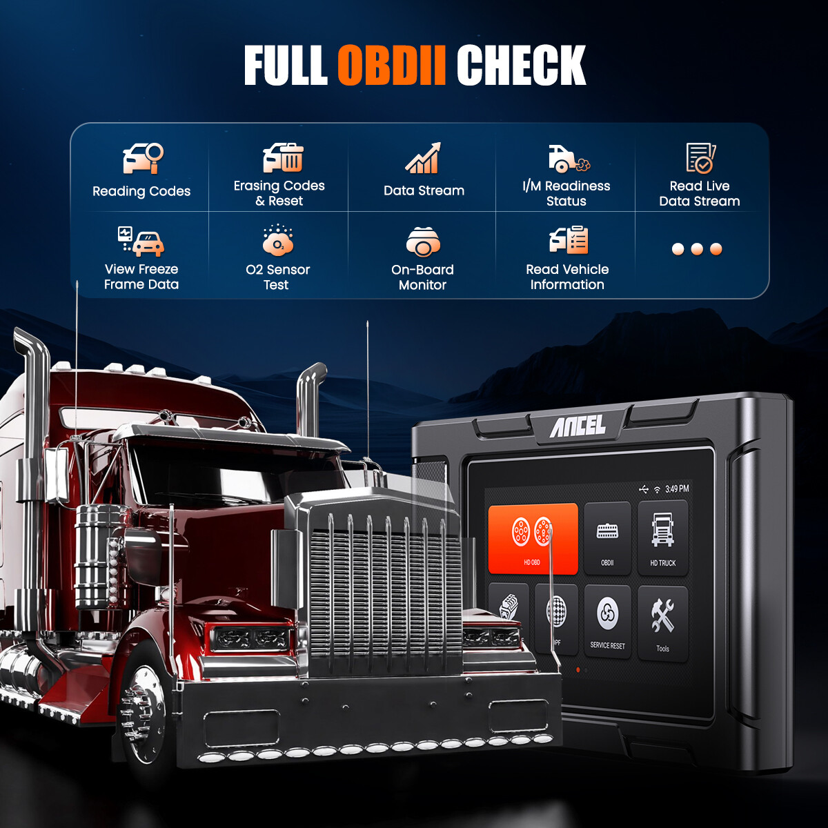 ANCEL Heavy Duty Truck Scanner DPF Regen for Freightliner Kenworth International