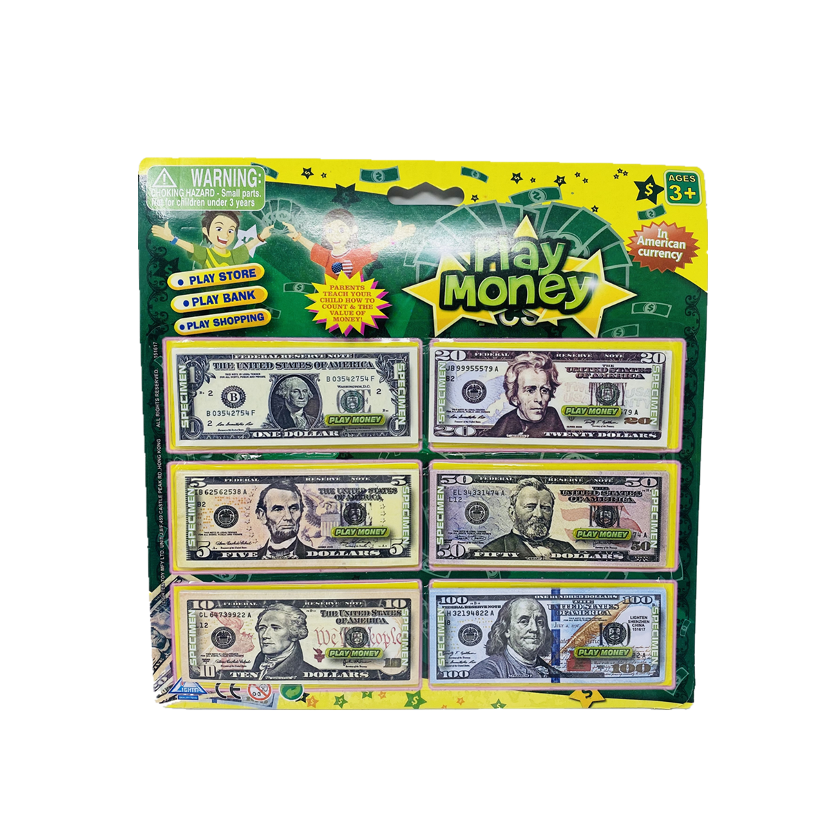 120 PC Educational Play Money Set, Print 1 Side - Bills of 1, 5, 10, 20, 50, 100