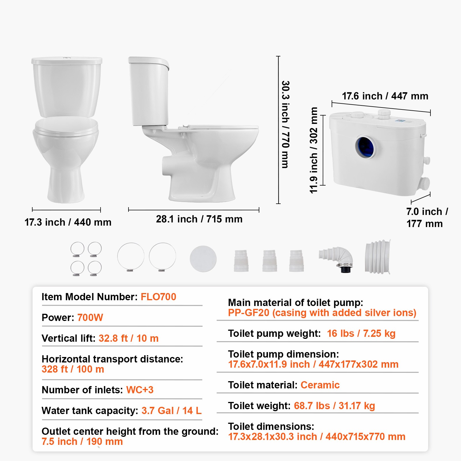 Uimoso Macerating Toilet System with 700W Pump Upflush Toilet For Basement