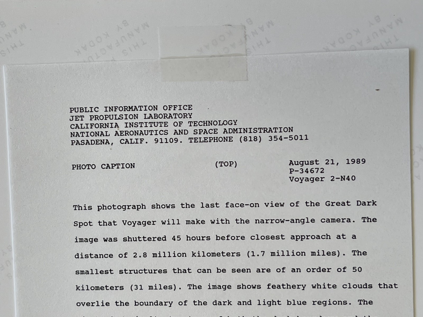 VINTAGE SPACE NASA PHOTO NEPTUNE DARK SPOT VOYAGER JPL KODAK PAPER