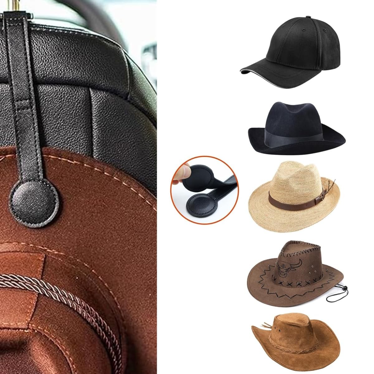NAGRAN 2 Pack Leather Cowboy Hat Holder with Magnetic Attraction, Car Black