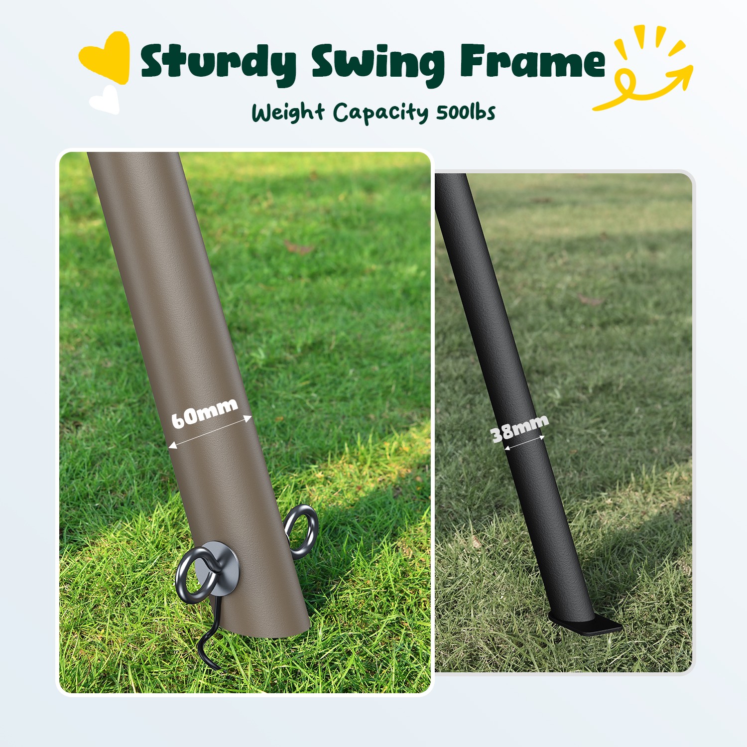 Hapfan 7.5ft Tall Swing Sets for Backyard 500lbs Heavy Duty Swing Set w/2 Swings