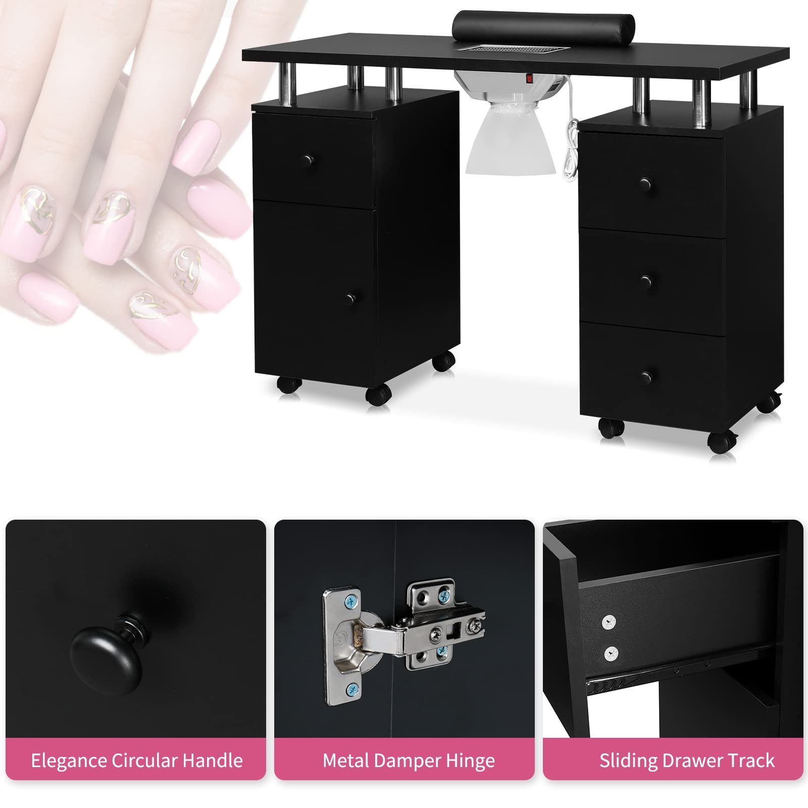 Manicure Table Nail Desk for Nail Tech, Nail Table Station w/Electric Dust Co...