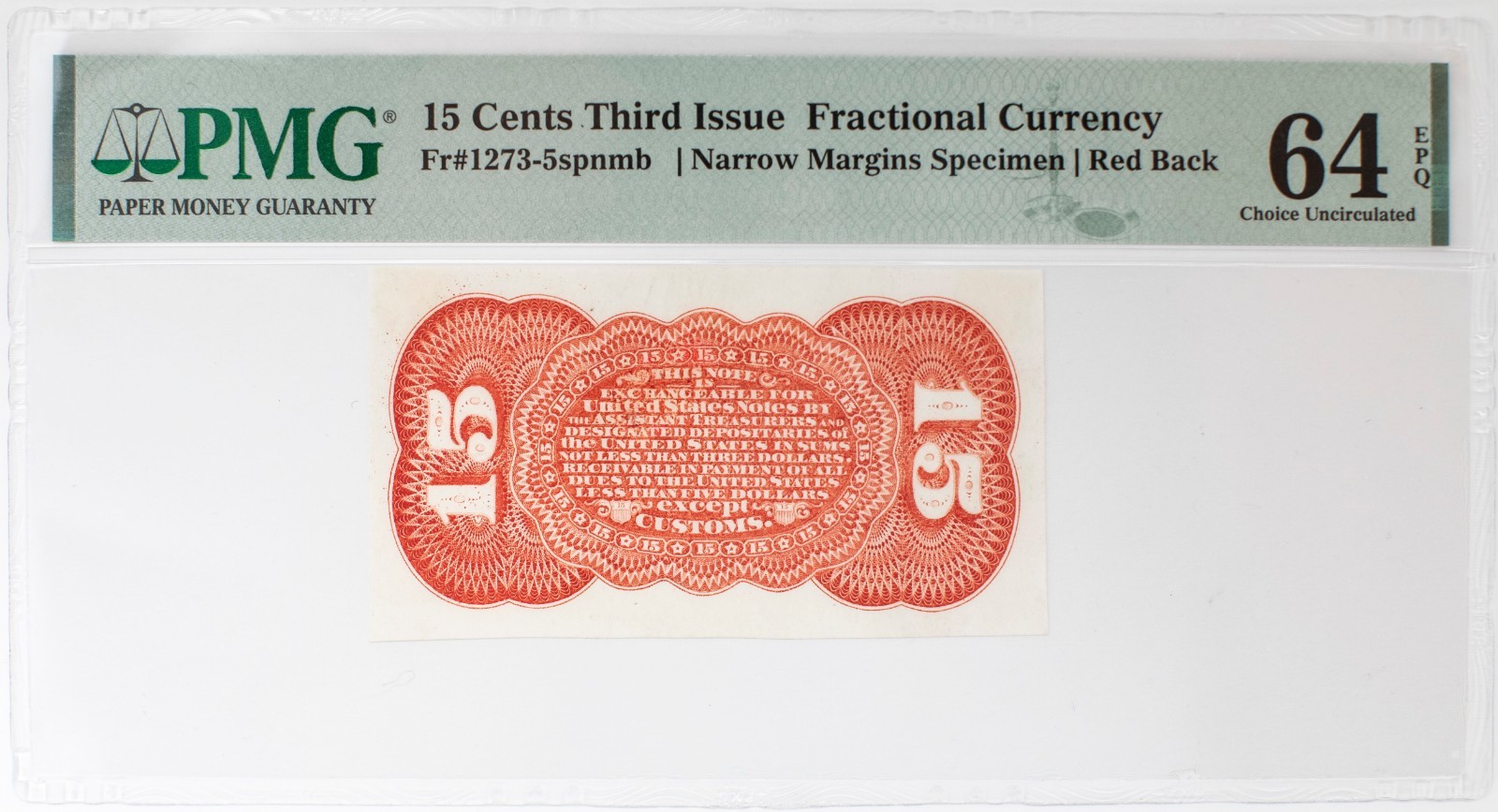 Fr-1273-5 spnmb, 15c Grant-Sherman Specimen, US Fractional Currency, PMG64EPQ