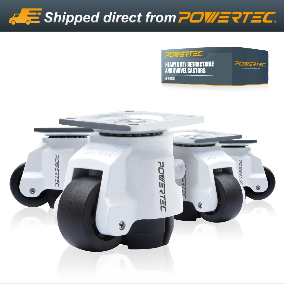 POWERTEC 17300 2-Inch Leveling Casters Set of 4 - Retractable and Swivel Castors