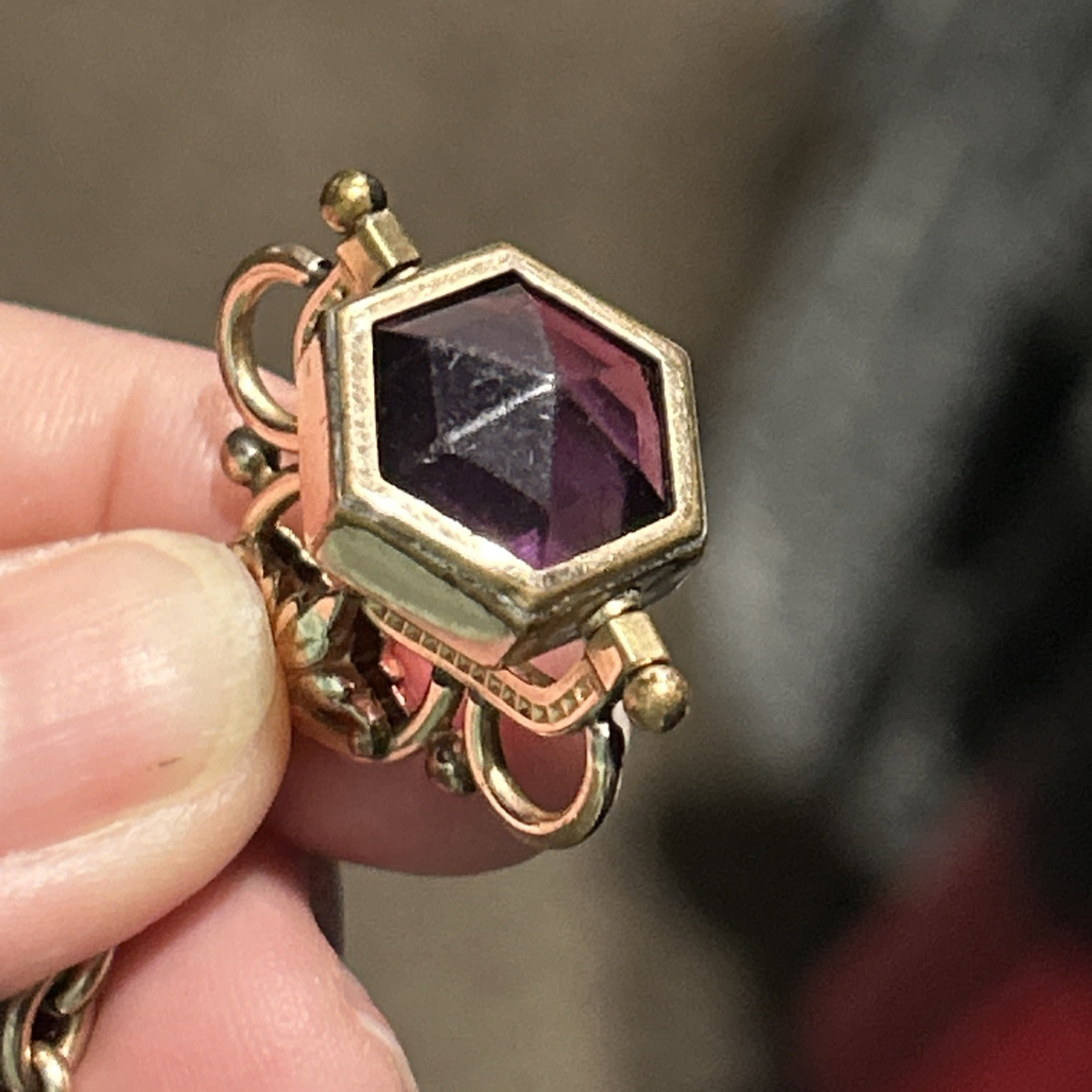 Victorian Rose Gold Fill Purple Watch Fob Spinner Book Link Chain Large Ring