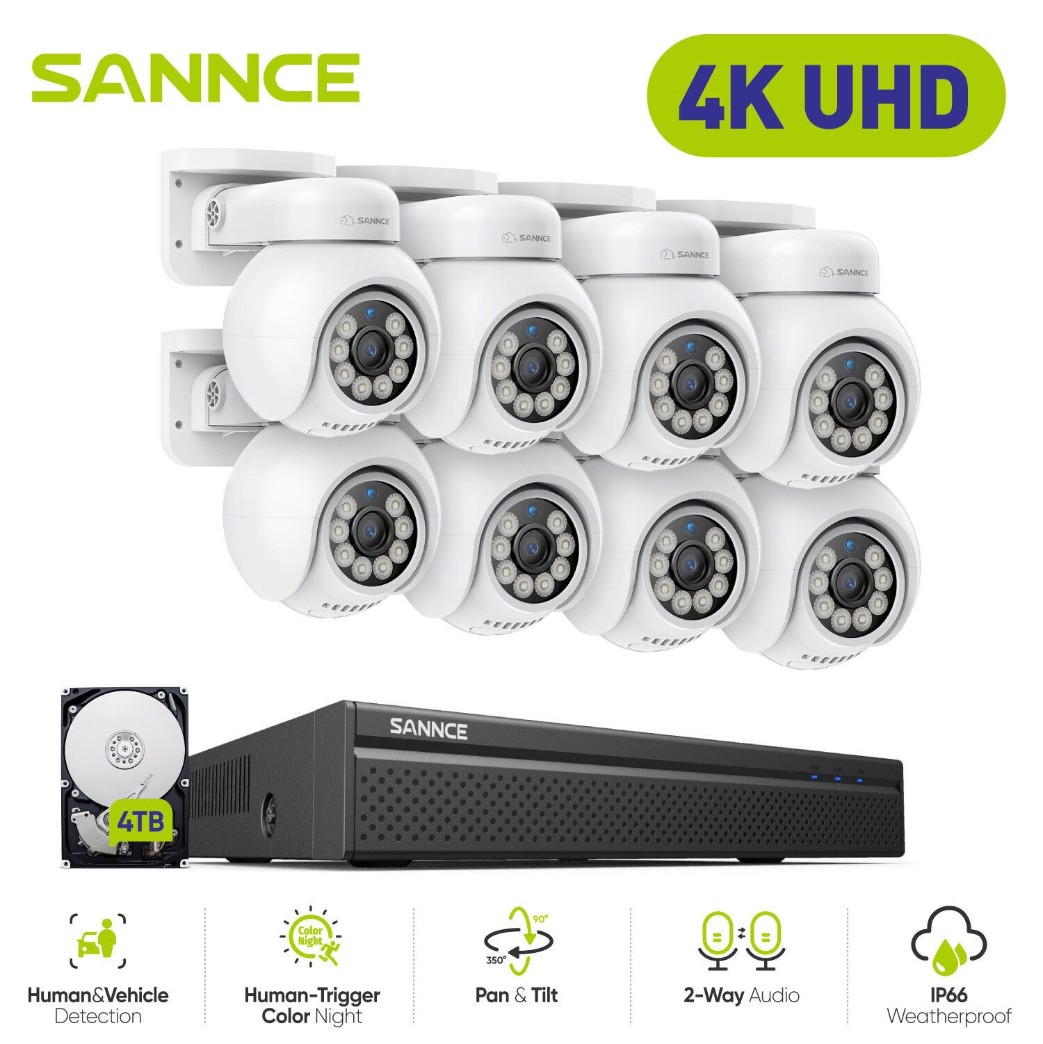 SANNCE 8CH 4K NVR 8MP POE Security Camera System PT Auto Tracking Two Way Audio