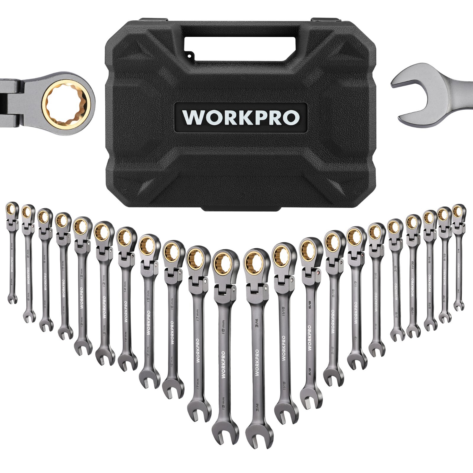 WORKPRO 22PC Ratcheting Wrench Set Combination Wrench with Organizer Box 72Teeth