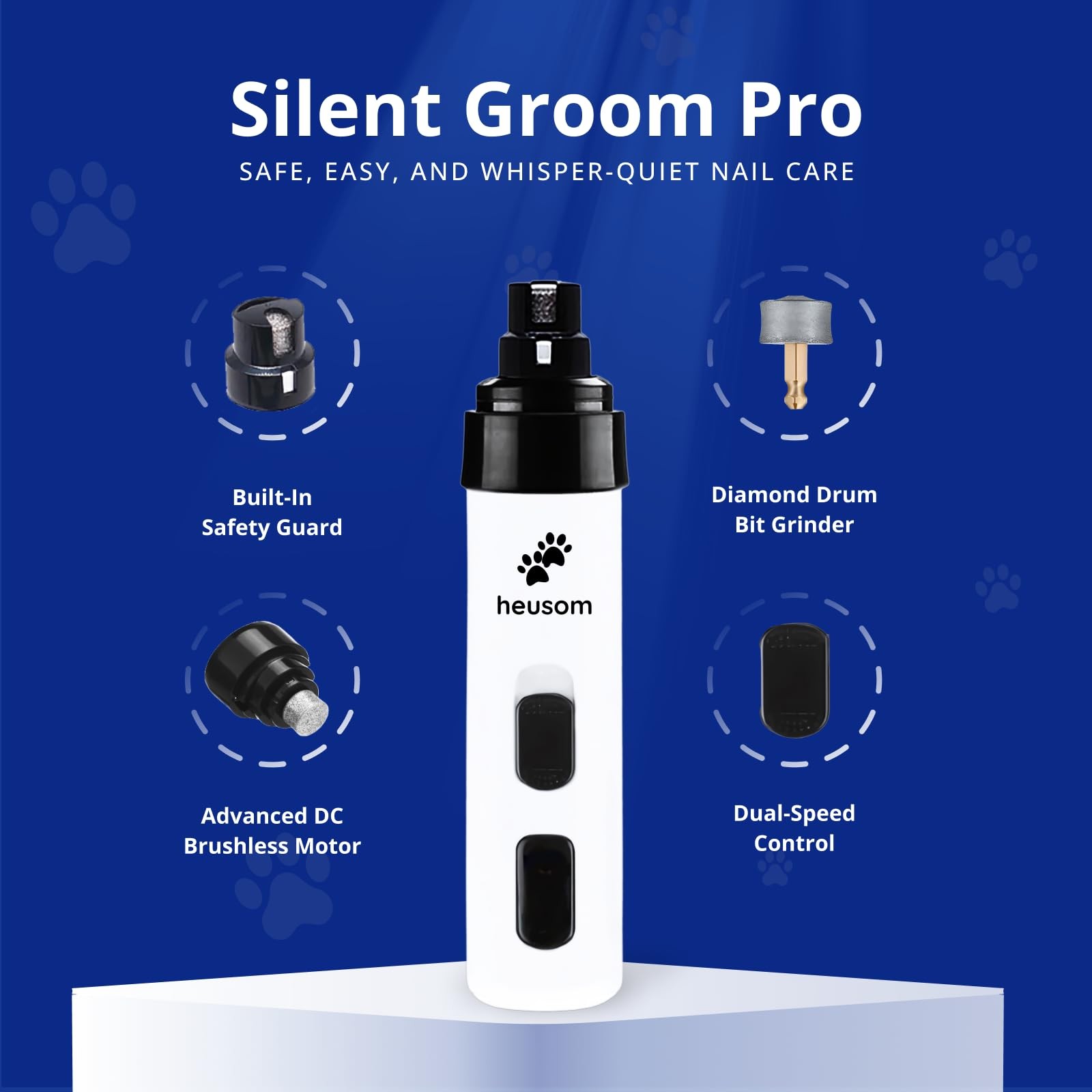 Heusom Silent Groom Pro Pet Nail Grinder | Whisper Quiet Claw Trimmer White